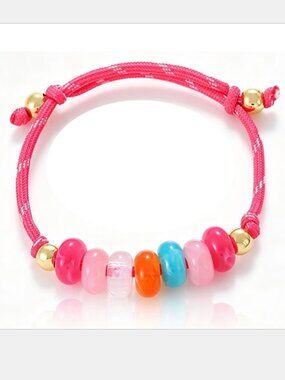 Free People Gold Tone Pink Cord Multicolored Beaded Resin Stone Charm Bracelet